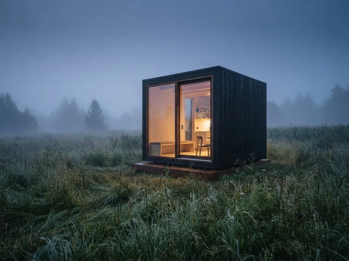 TIMBERON Cube — малък дървен модул със светещ прозорец сред мъглива поляна